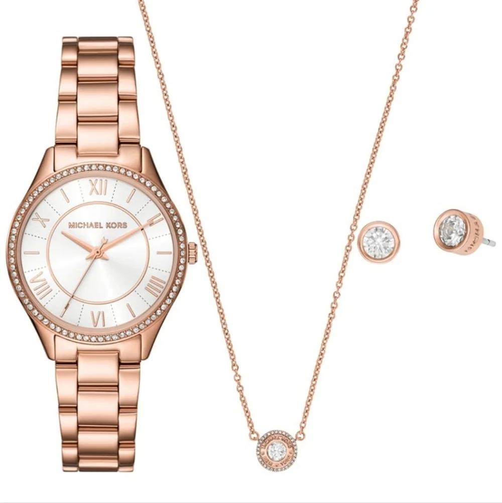 Michael Kors Lauryn Three-Hand Rose Gold Stainless Steel Watch Earring Necklace
